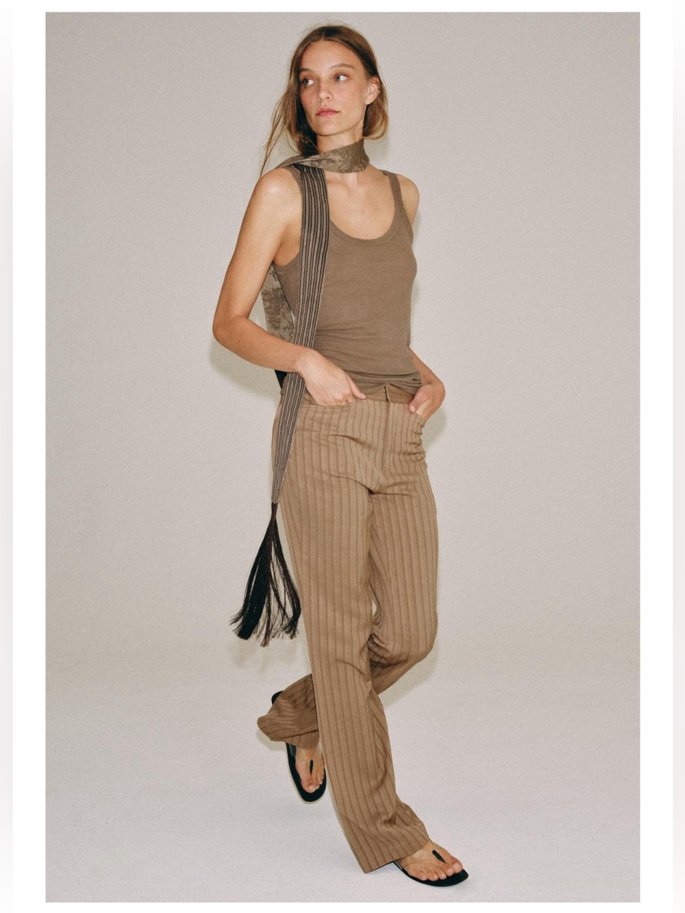 Zara Ribbed High-Rise Wide-Leg Trousers in Brown Size Medium